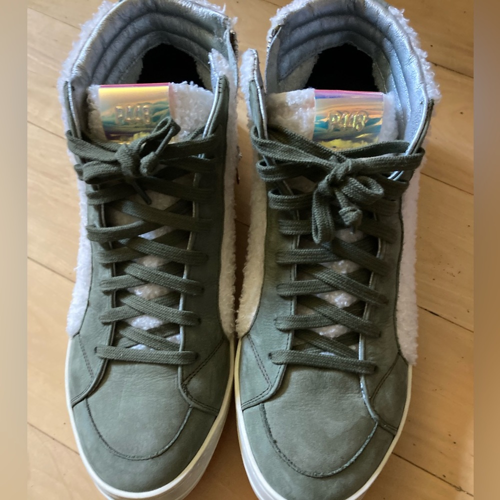 P448 Womens Skate HighTop Sherpa Double Closure Sneaker Khaki/White Size 40 NEW